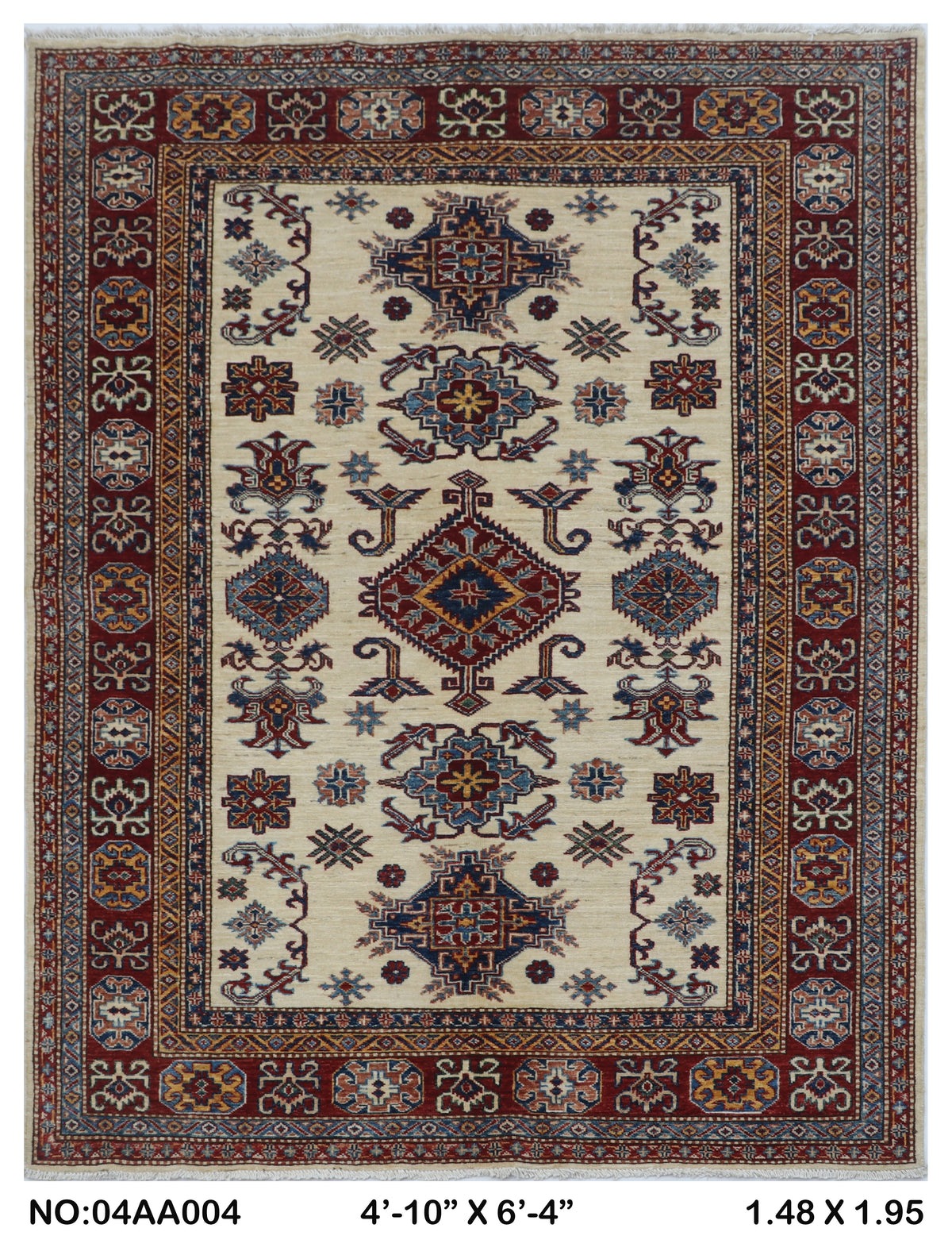 Full view of beige Super Kazak handwoven wool rug, 5 x 6.5 ft