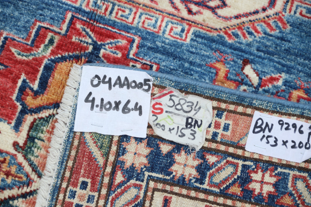 Detail 12 of blue floral Super Kazak cotton-and-wool rug, 5 x 6.5 ft