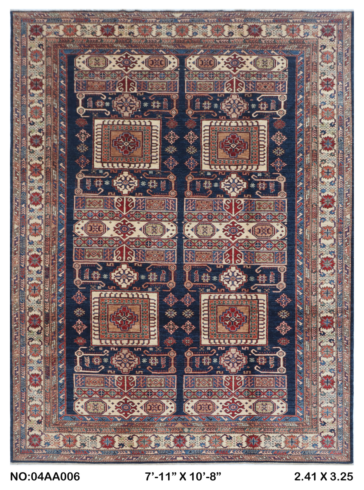 Full view of blue Super Kazak handwoven wool rug, 8 x 11 ft