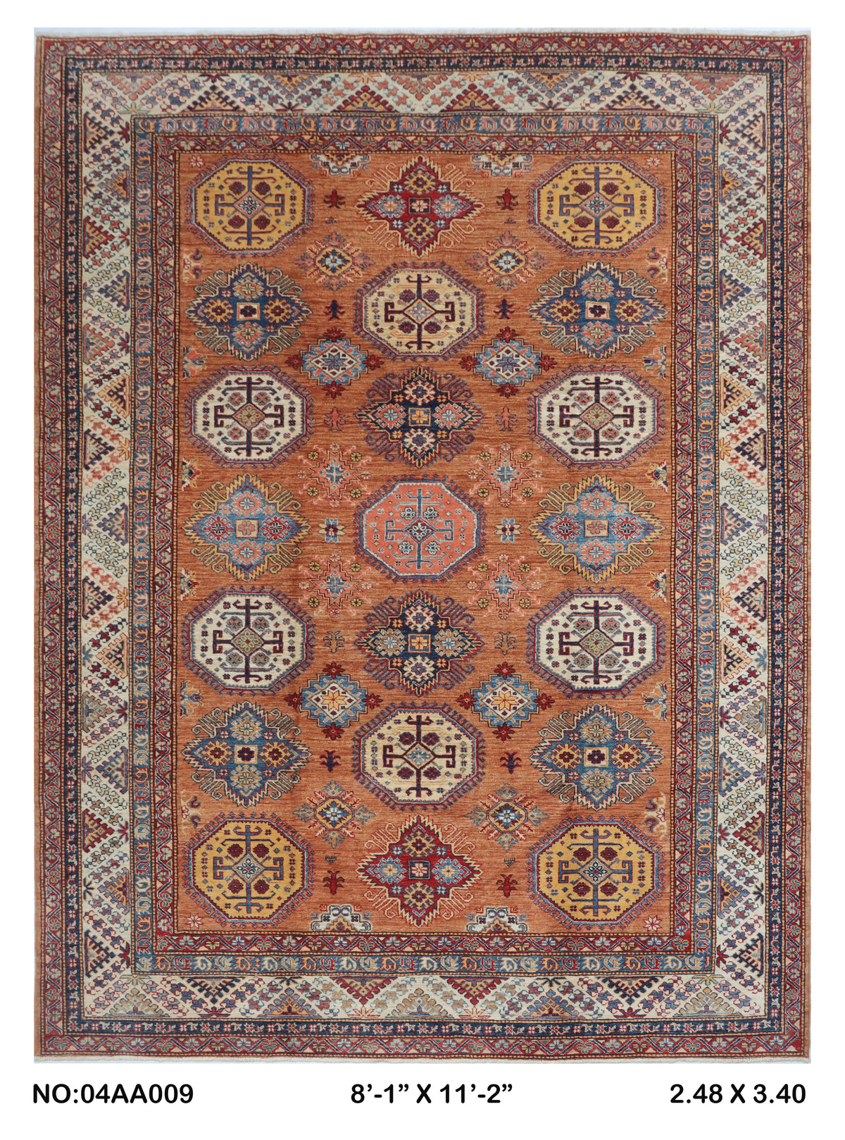 Full view of brown Super Kazak handwoven wool rug, 8 x 11 ft