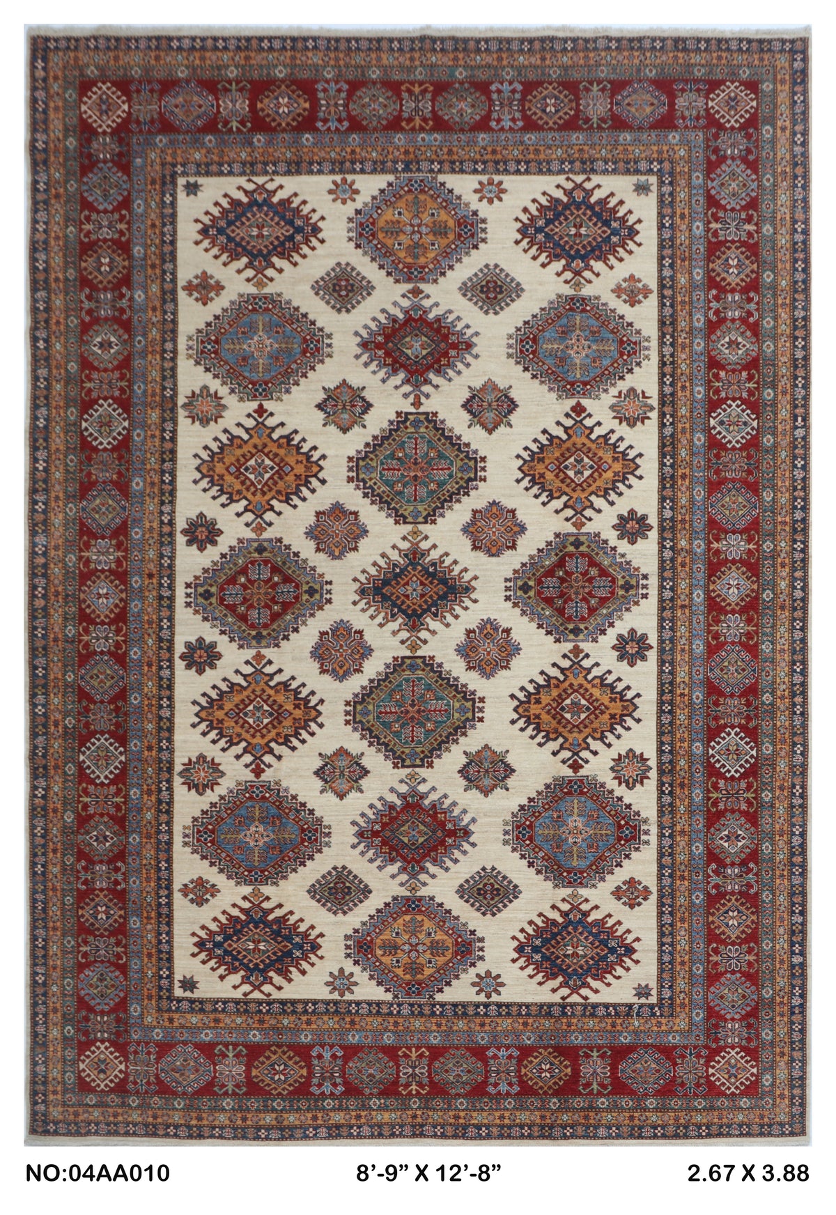 Full view of beige Super Kazak handwoven wool rug, 9 x 12.5 ft