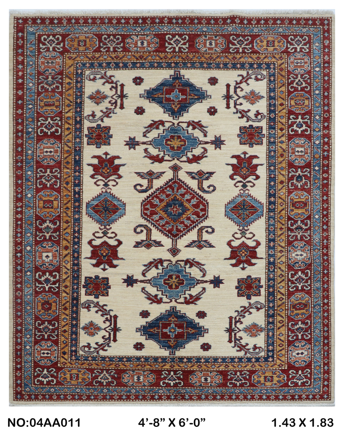 Full view of beige Super Kazak handwoven wool rug, 5 x 6 ft