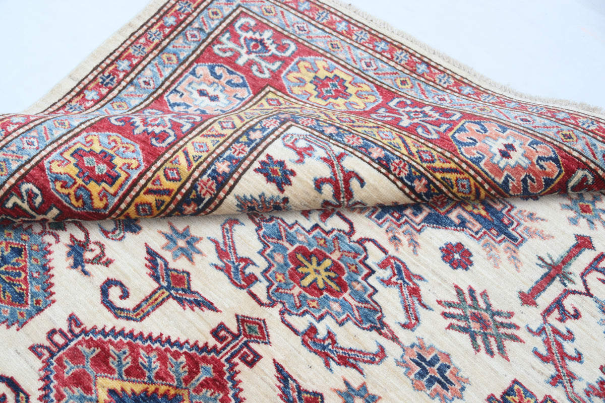 Detail view 10 of beige Super Kazak handwoven wool rug, 5 x 6 ft