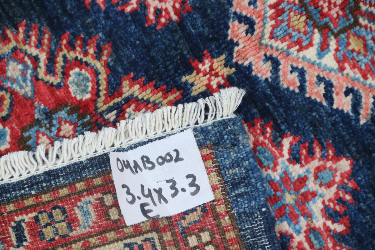 Detail 12 of blue floral Super Kazak cotton-and-wool rug, 3.5 x 3.5 ft