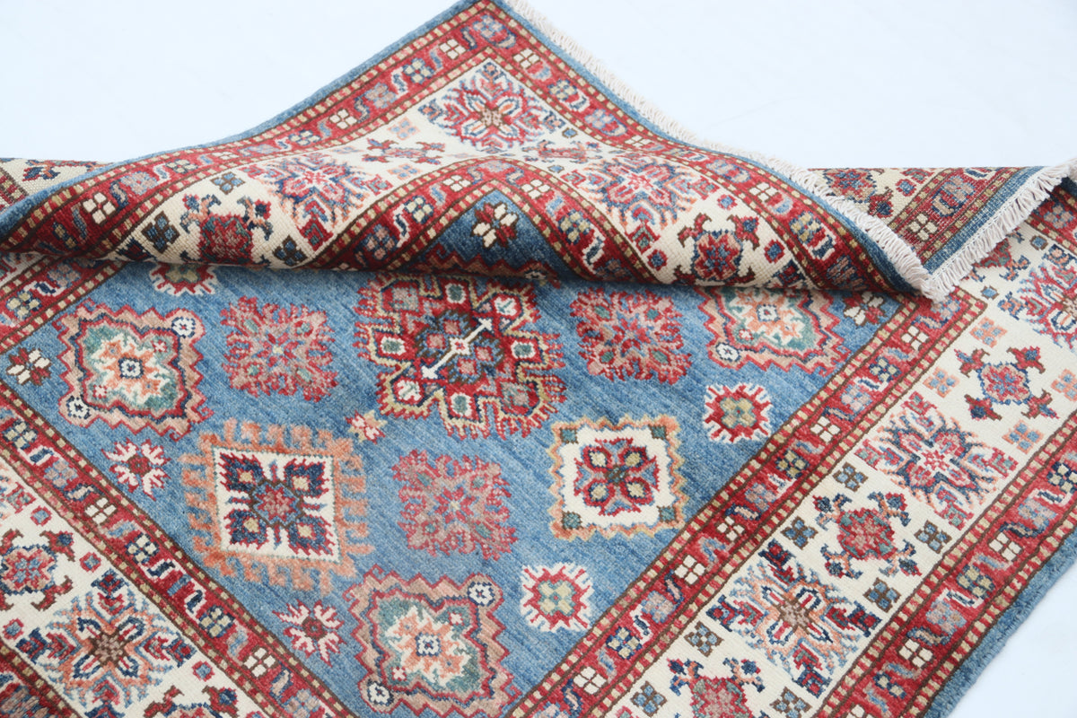 Detail 11 of blue floral Super Kazak cotton-and-wool rug, 3.5 x 3.5 ft