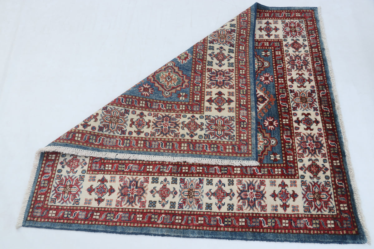 Detail view 11 of blue Super Kazak handwoven wool rug, 3.5 x 3.5 ft