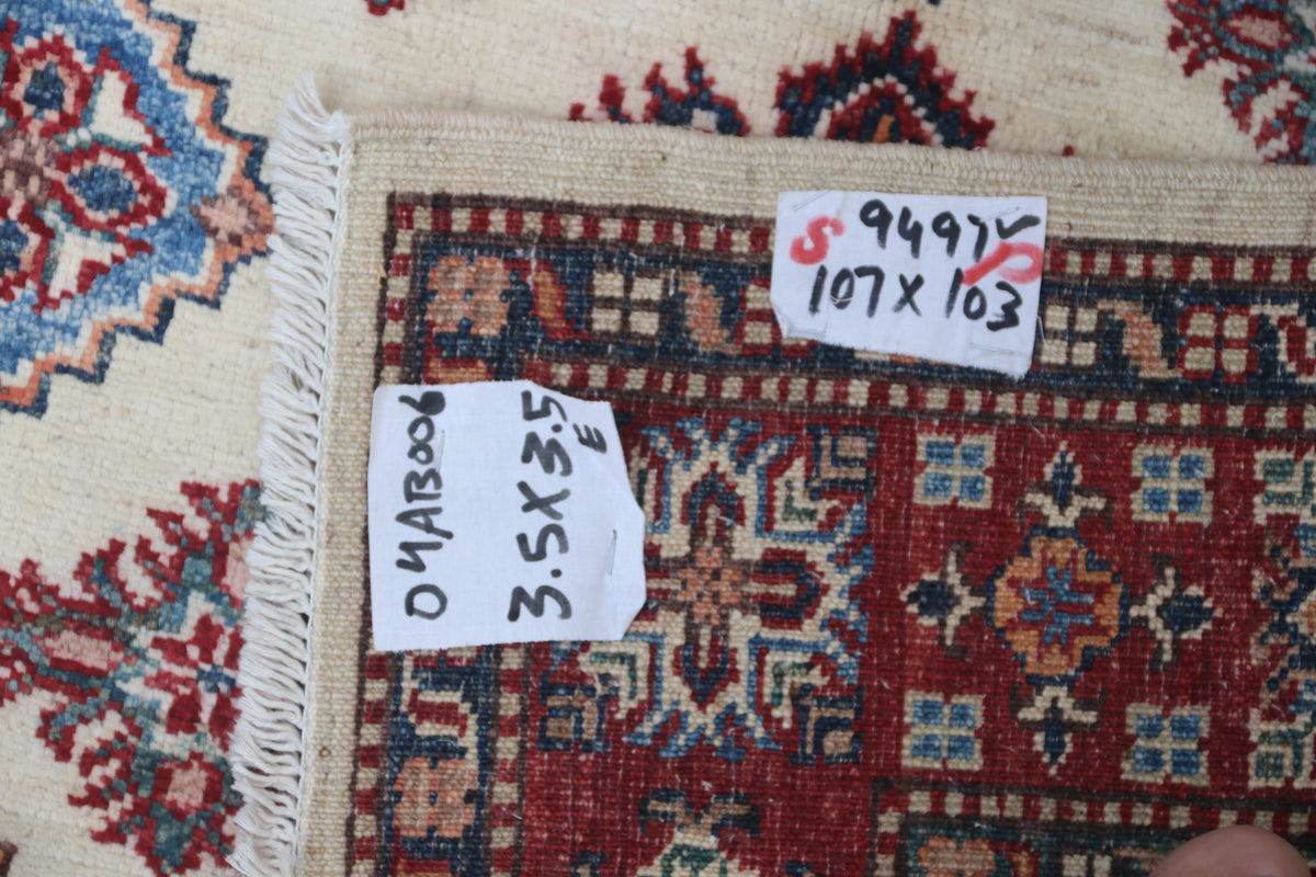 Detail view 13 of beige Super Kazak handwoven wool rug, 3.5 x 3.5 ft