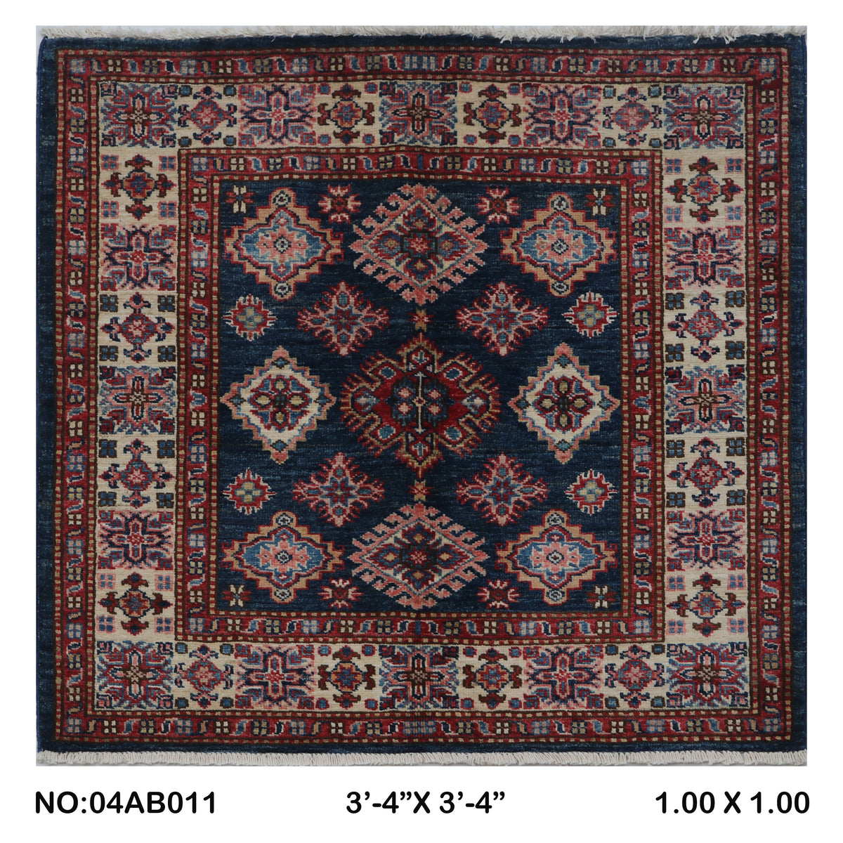 Full view of blue Super Kazak handwoven wool rug, 3.5 x 3.5 ft
