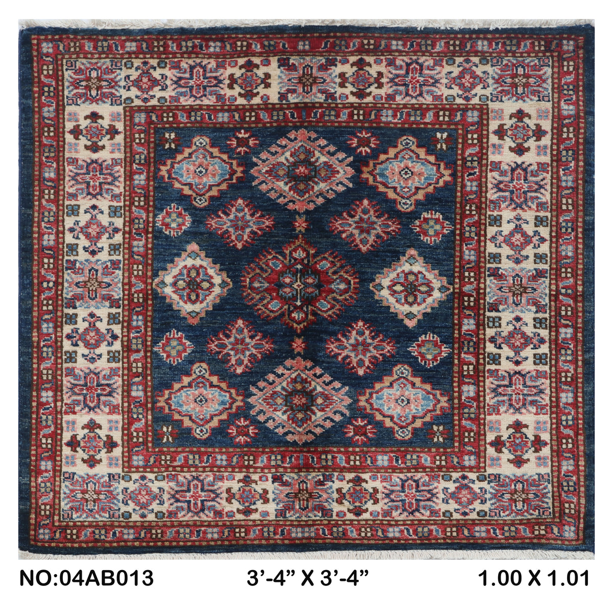 Full view of blue Super Kazak handwoven wool rug, 3.5 x 3.5 ft