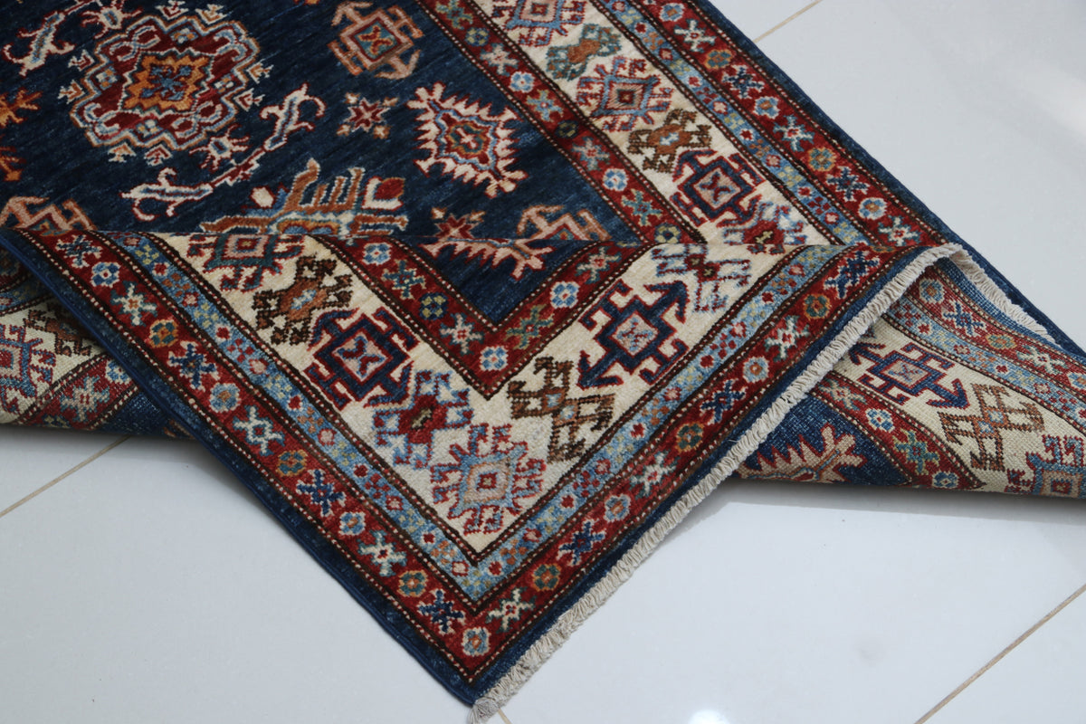 Detail 11 of blue floral Super Kazak cotton-and-wool rug, 3 x 5 ft