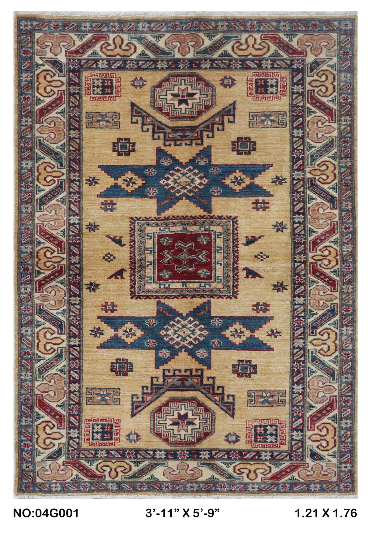 Full view of golden Super Kazak handwoven wool rug, 4 x 6 ft