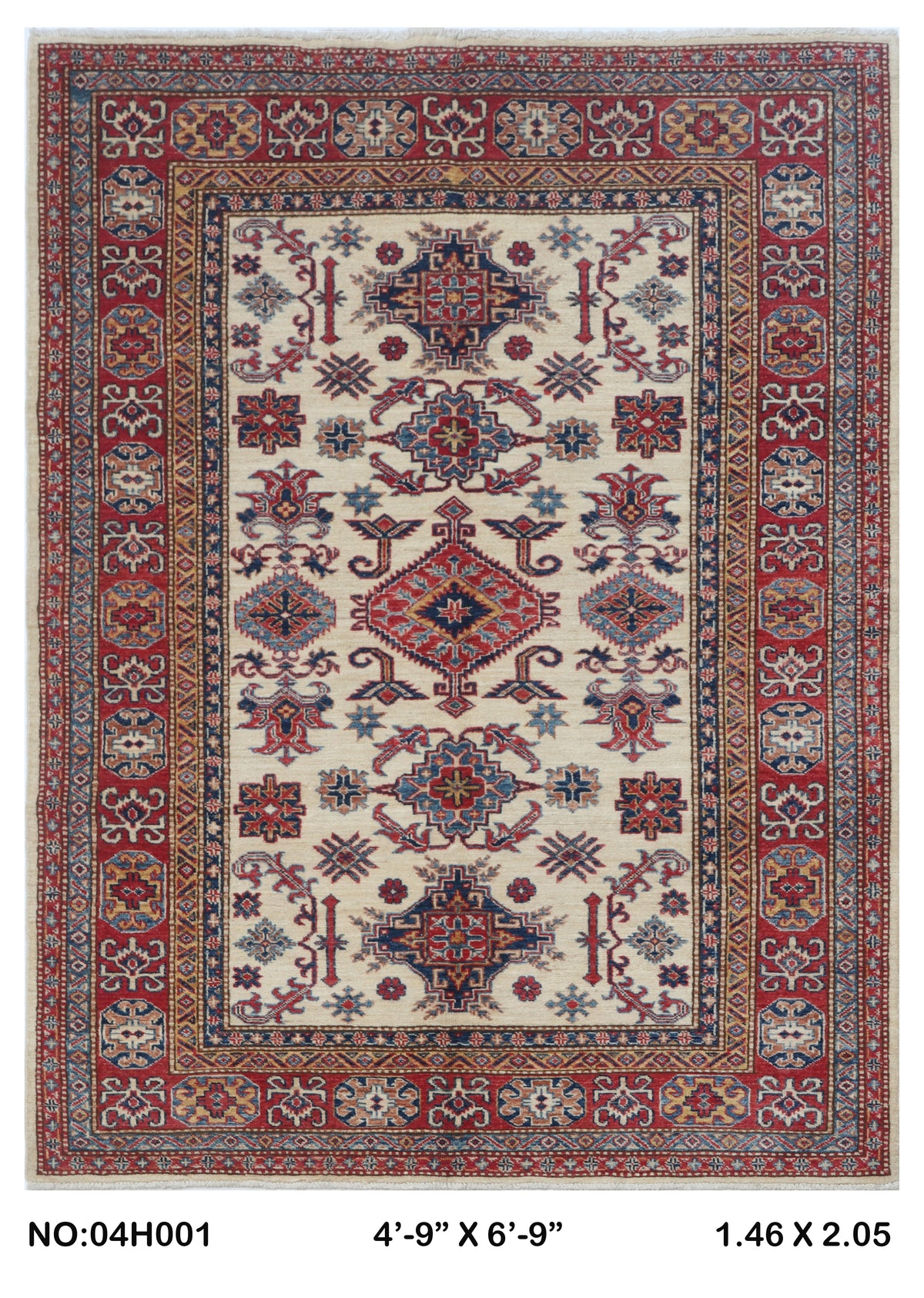 Full view of beige Super Kazak handwoven wool rug, 4.5 x 7 ft