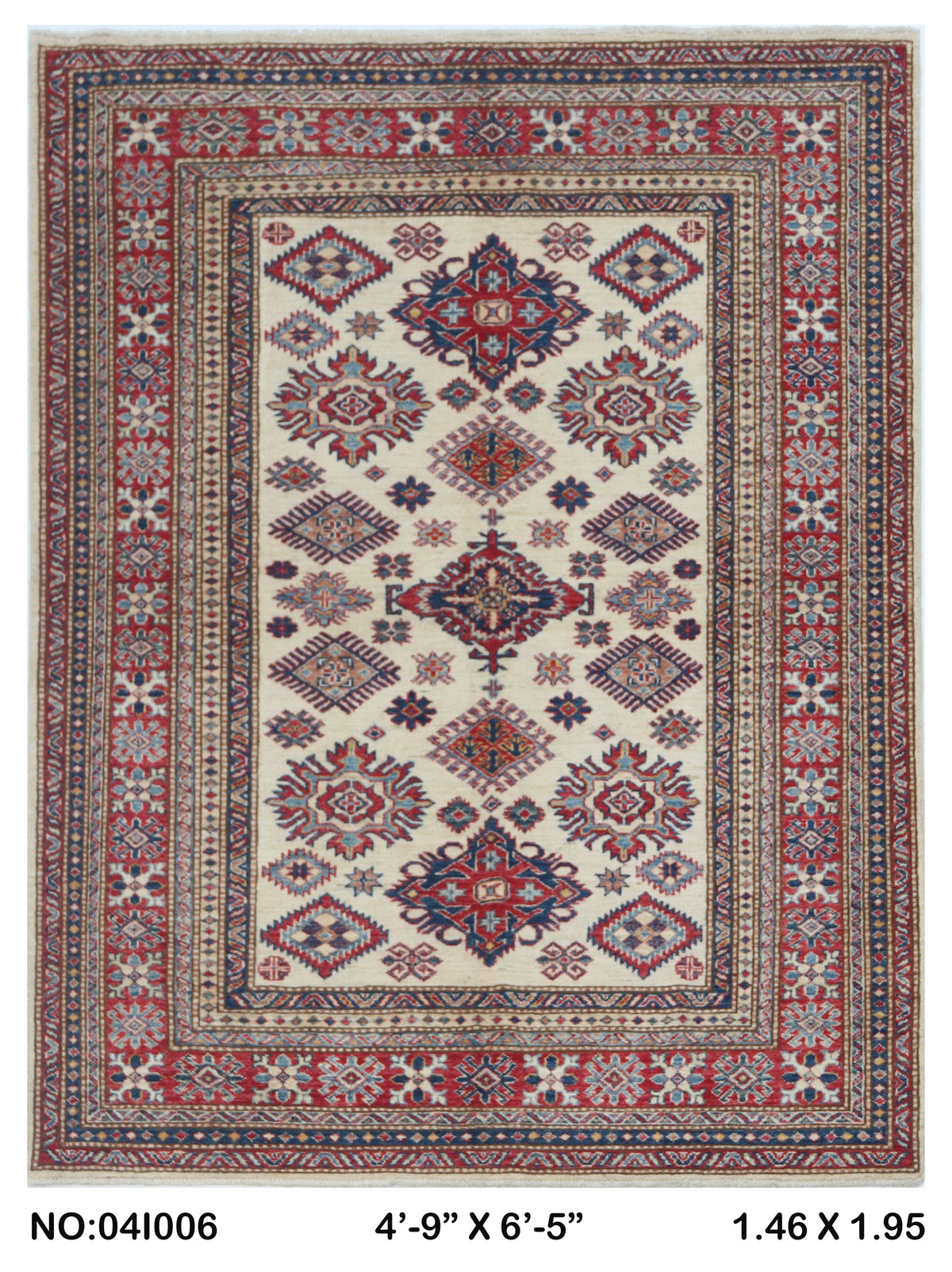 Full view of beige floral Super Kazak cotton-and-wool rug, 5 x 7 ft