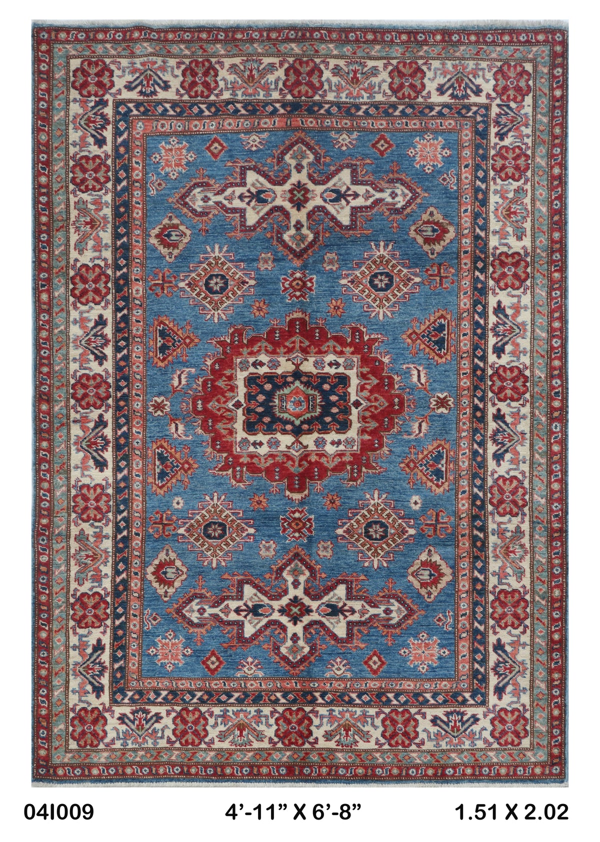 Full view of blue Super Kazak handwoven wool rug, 5 x 7 ft
