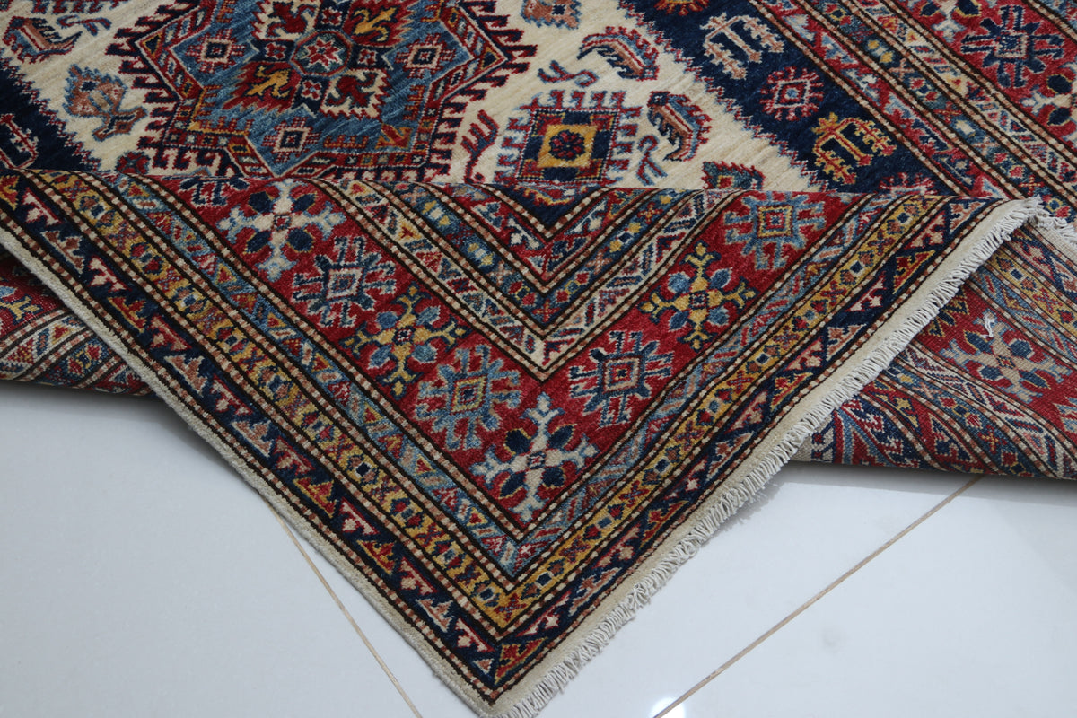 Detail view 10 of beige Super Kazak handwoven wool rug, 5 x 7 ft