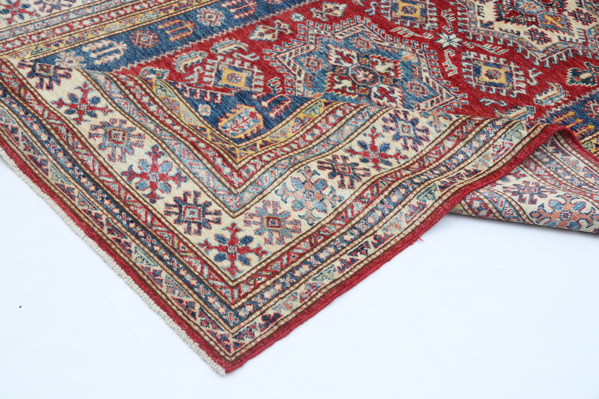 Detail 12 of red floral Super Kazak cotton-and-wool rug, 5 x 7 ft