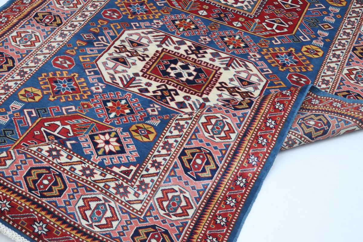 Detail 10 of blue floral Super Kazak cotton-and-wool rug, 5 x 7 ft