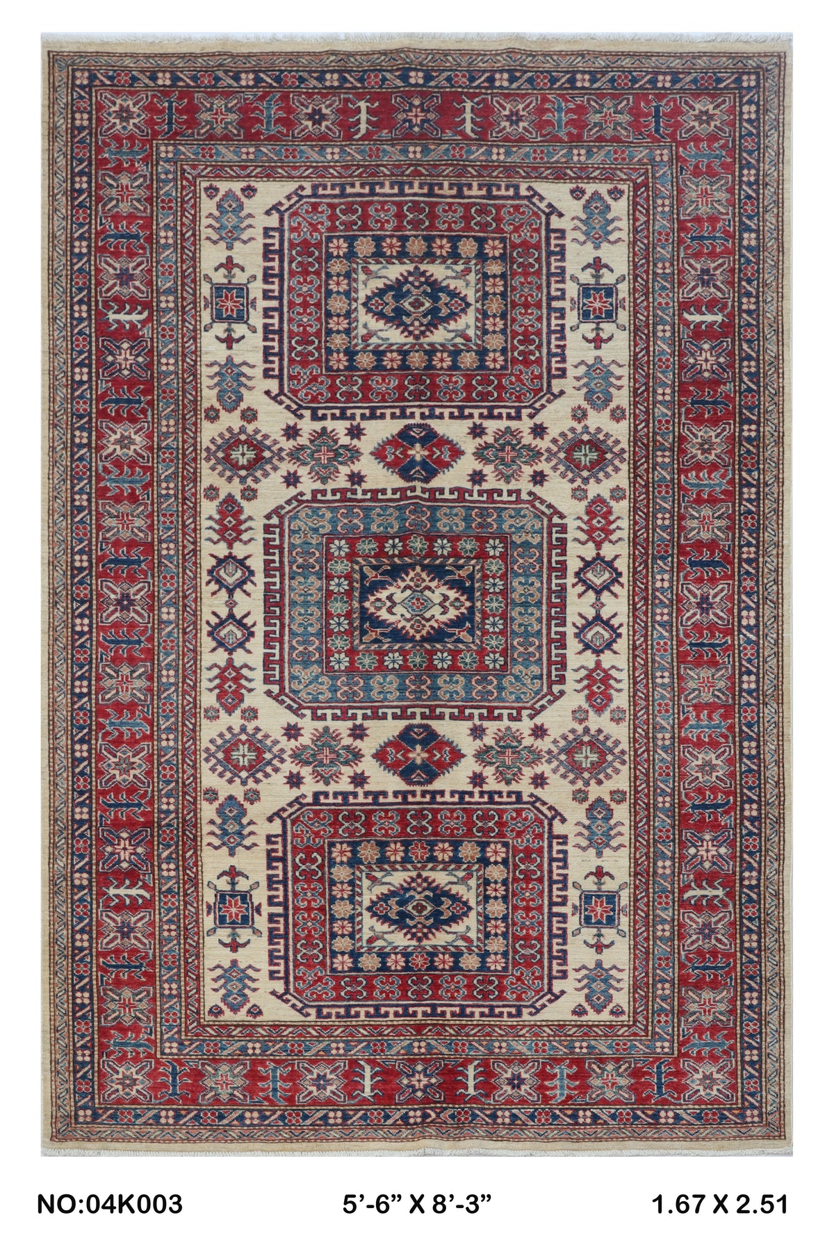 Full view of beige Super Kazak handwoven wool rug, 5.5 x 8 ft