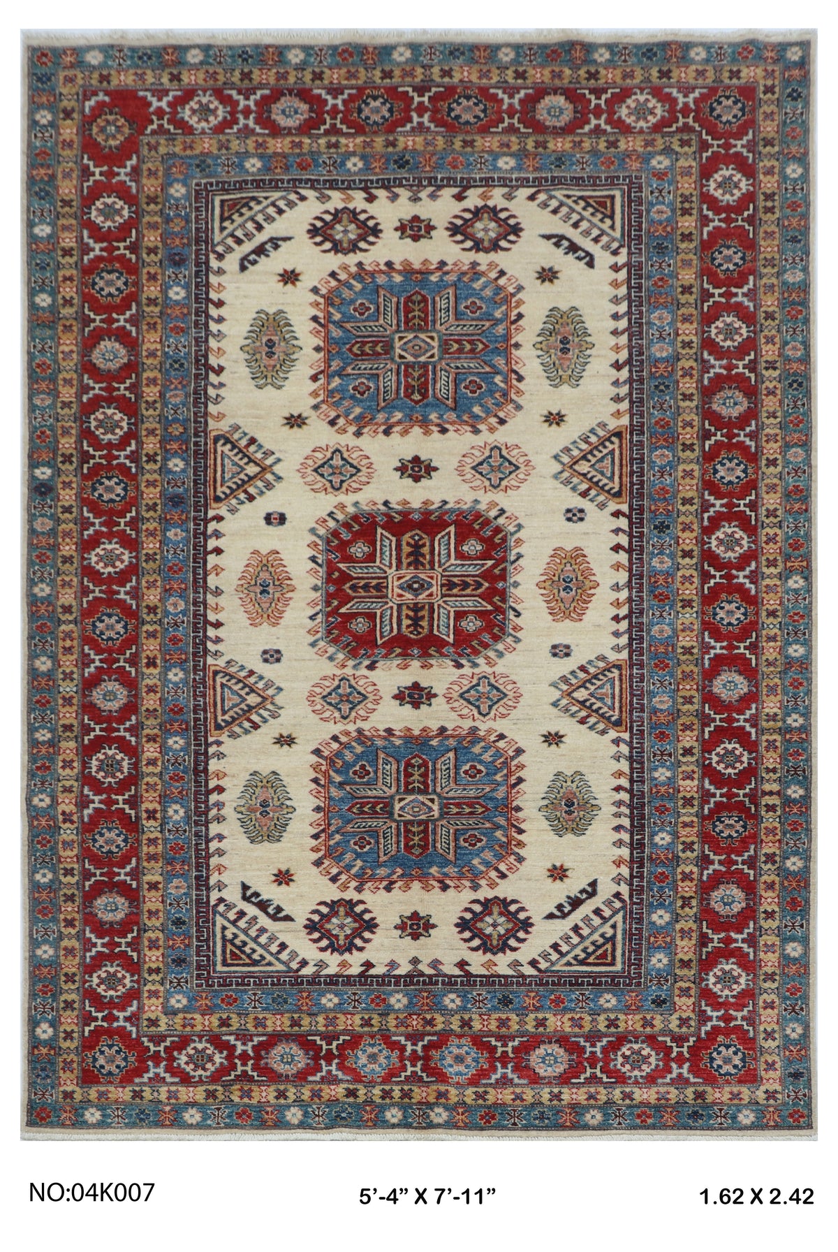 Full view of beige Super Kazak handwoven wool rug, 5.5 x 8 ft