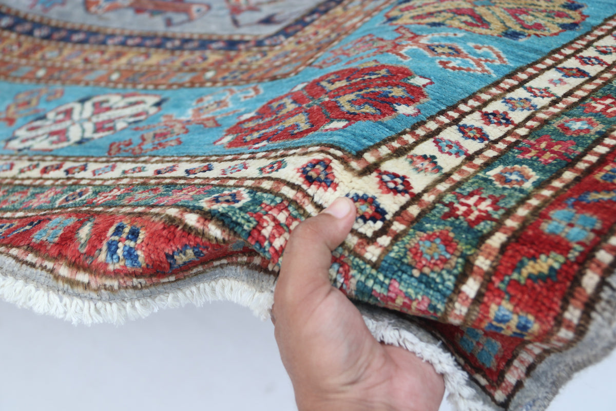 Detail 11 of gray floral Super Kazak cotton-and-wool rug, 5.5 x 8 ft