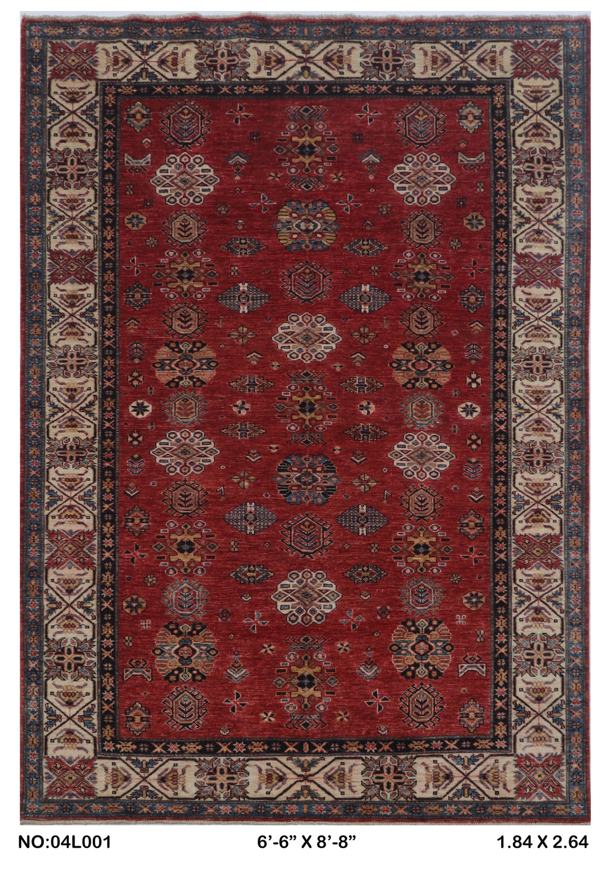 Full view of red Super Kazak handwoven wool rug, 6 x 9 ft