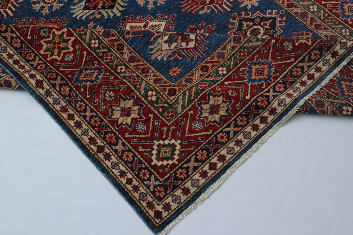 Detail 10 of blue floral Super Kazak cotton-and-wool rug, 6 x 9 ft