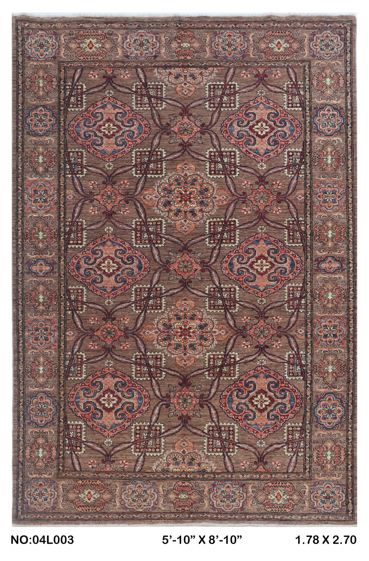 Full view of brown floral Super Kazak cotton-and-wool rug, 6 x 9 ft