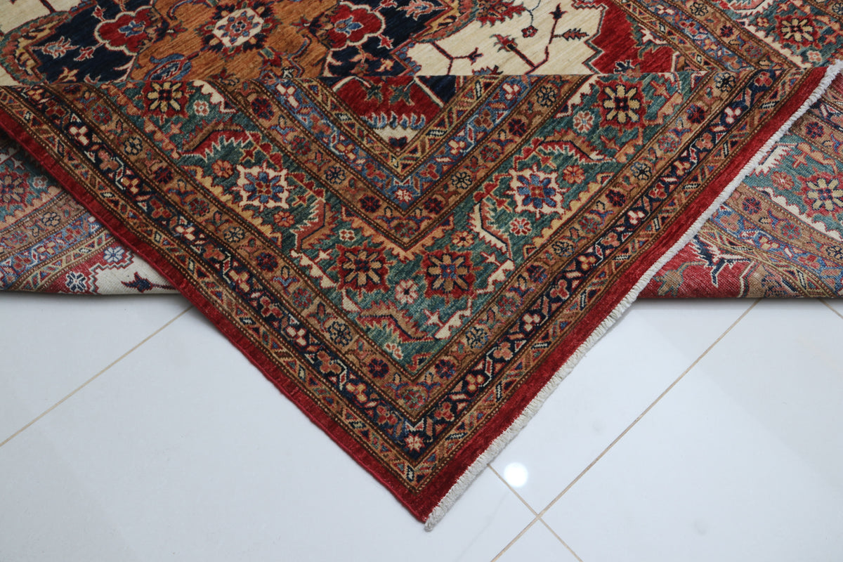 Detail 11 of beige floral Super Kazak cotton-and-wool rug, 6.5 x 9.5 ft