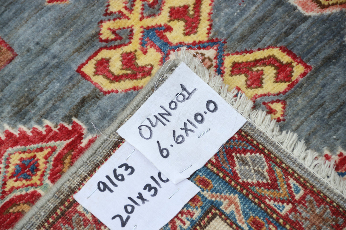 Detail 13 of gray floral Super Kazak cotton-and-wool rug, 7 x 10 ft