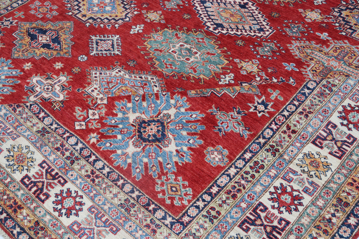 Detail 13 of red floral Super Kazak cotton-and-wool rug, 8 x 10 ft