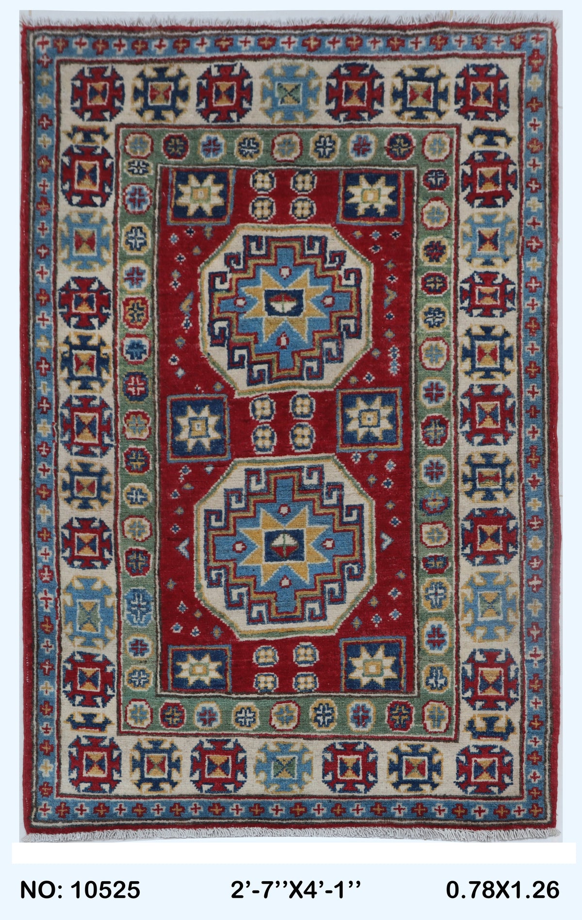 Full view of red Commercial Kazak handwoven wool rug, 2.5 x 4 ft
