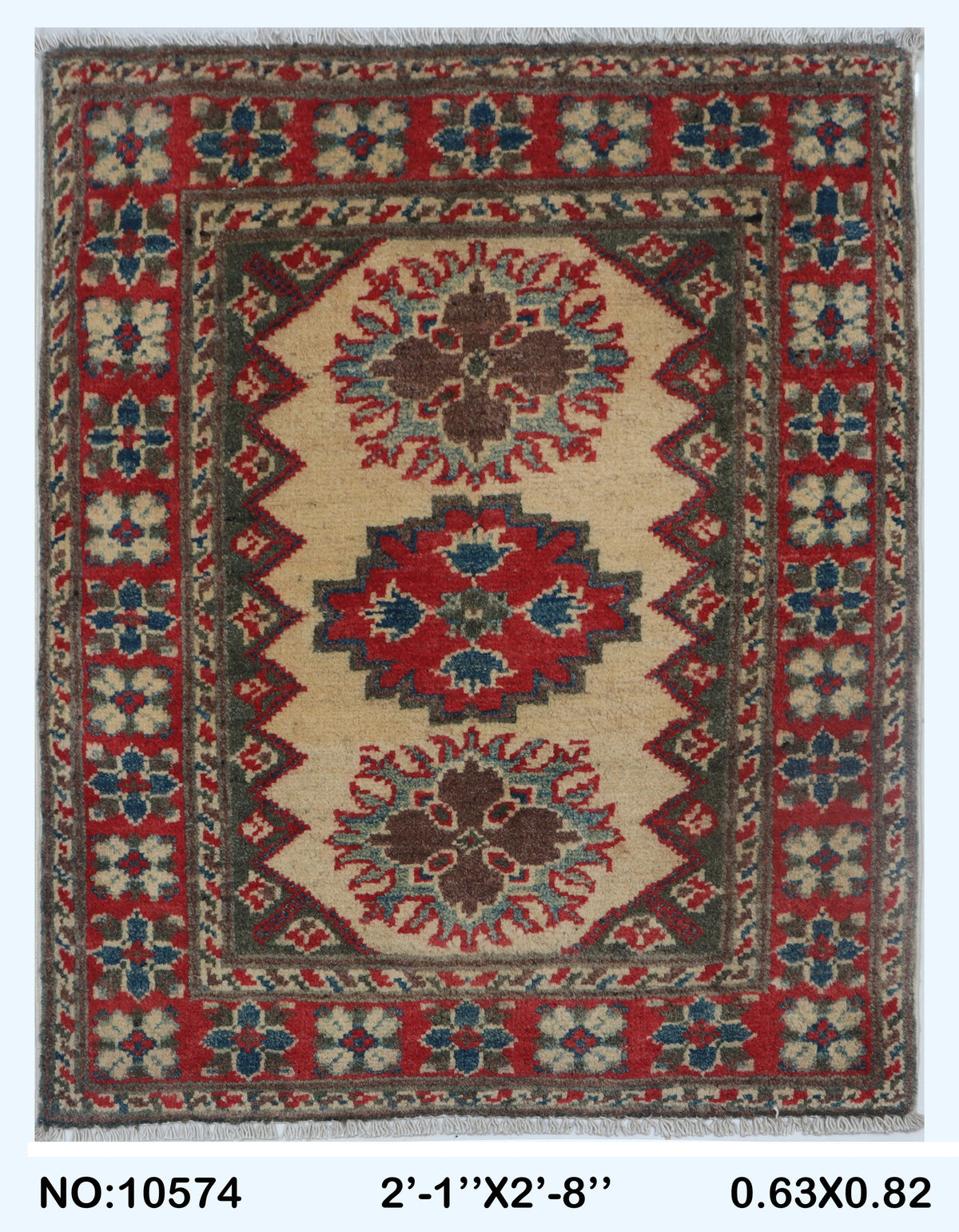 Full view of brown Commercial Kazak handwoven wool rug, 2 x 3 ft