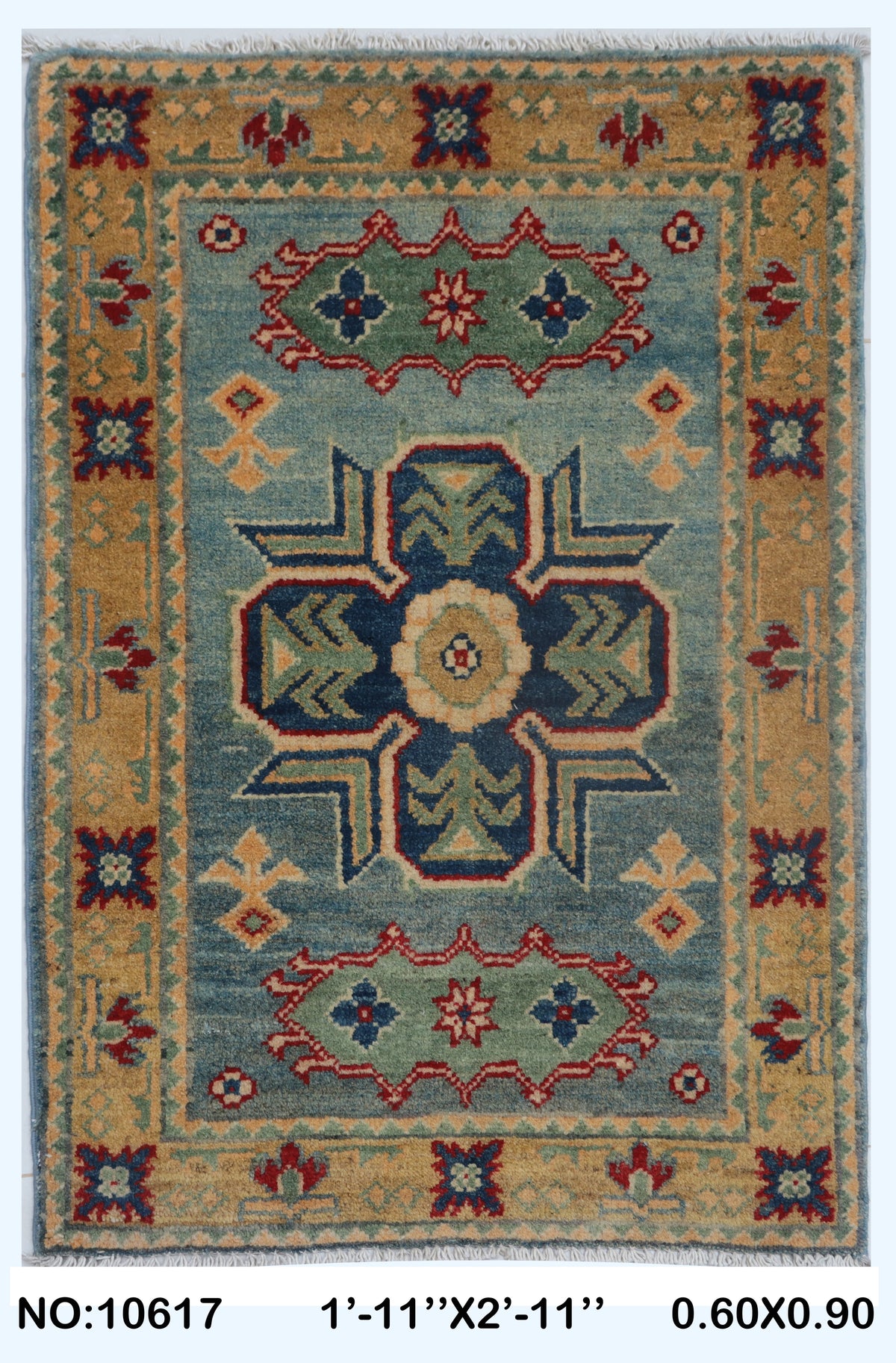 Full view of gray Commercial Kazak handwoven wool rug, 2 x 3 ft