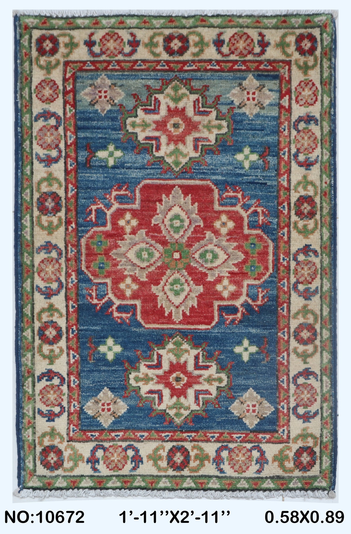Full view of blue Commercial Kazak handwoven wool rug, 2 x 3 ft