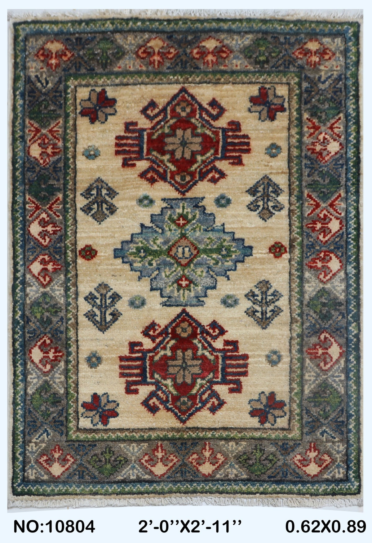 Full view of beige Commercial Kazak handwoven wool rug, 2 x 3 ft