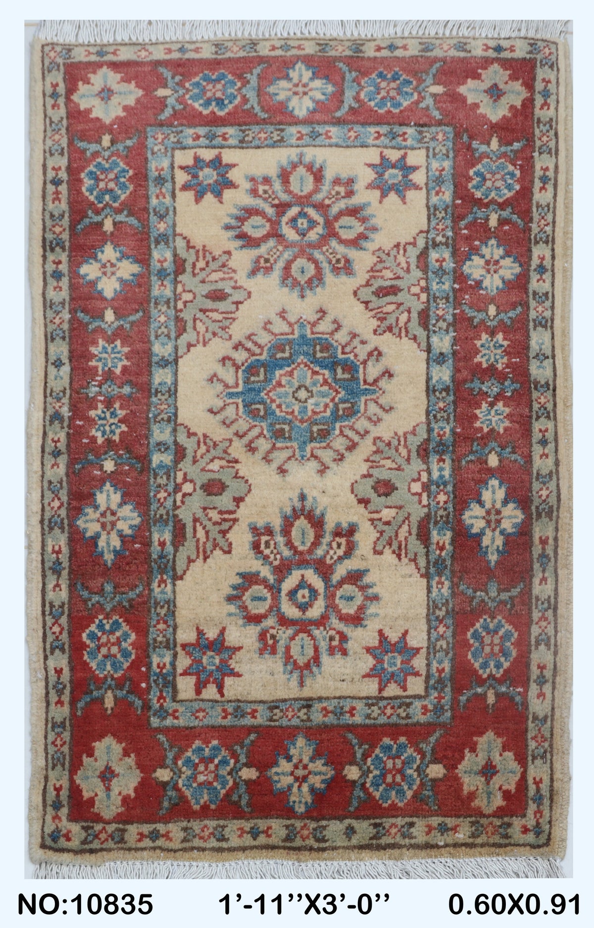 Full view of beige Commercial Kazak handwoven wool rug, 2 x 3 ft