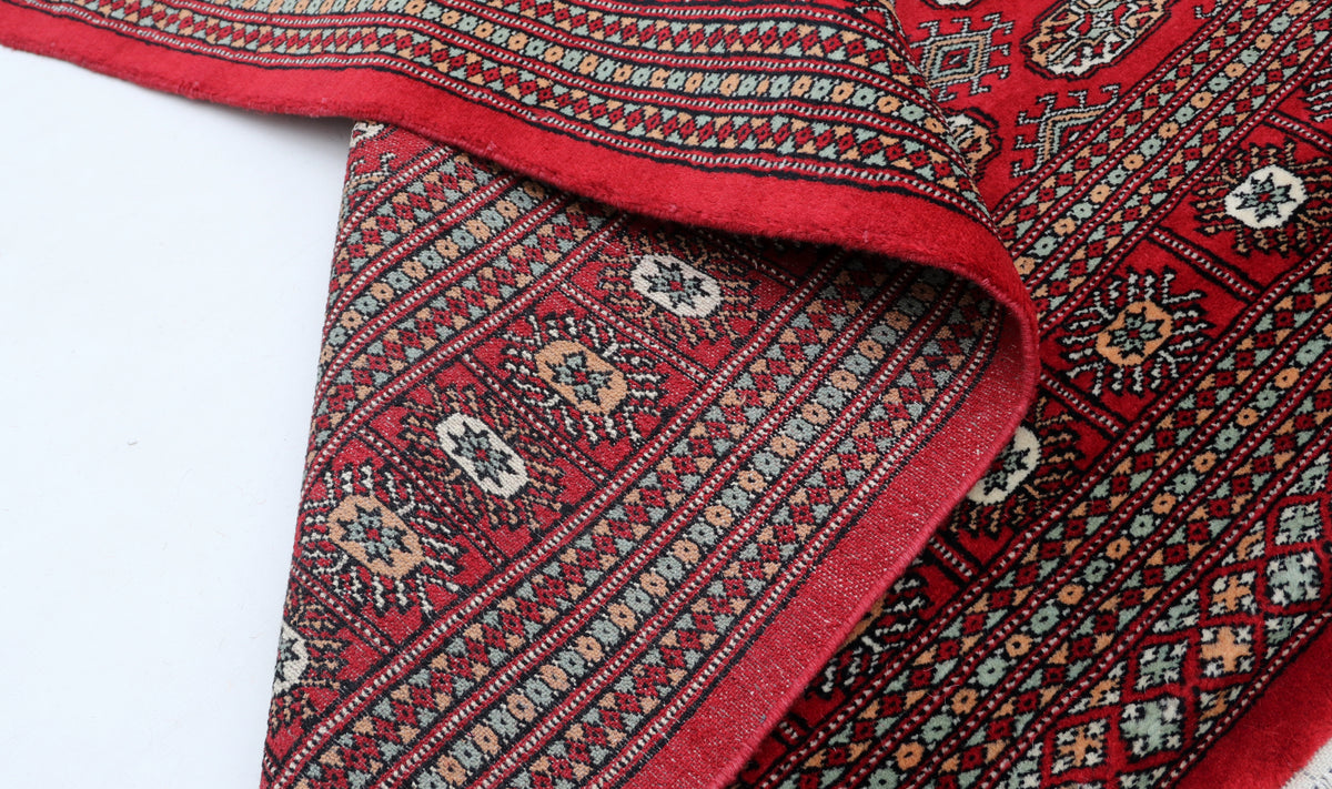 Detail view 7 of red Mori Bokhara handwoven wool rug, 6 x 9 ft