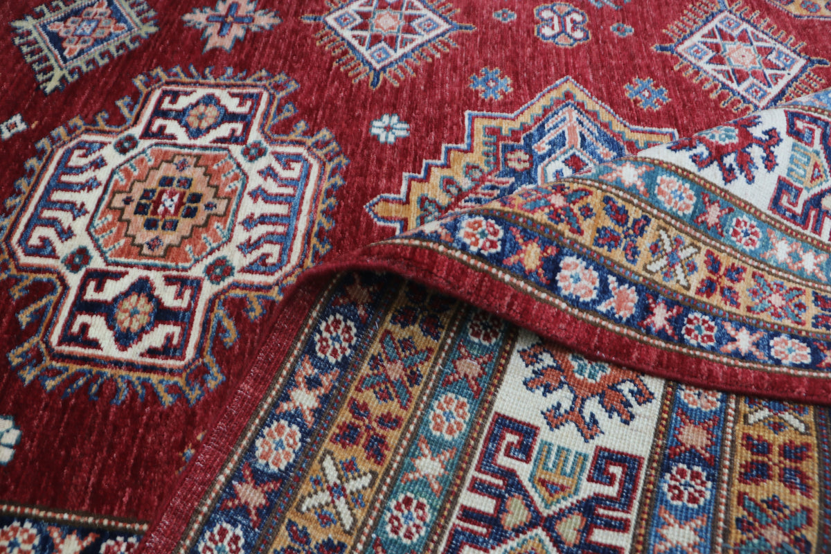 Detail view 9 of red Super Kazak handwoven wool rug, 8 x 10 ft