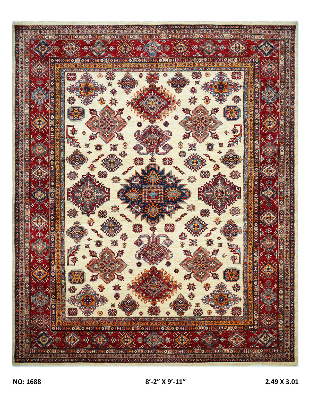 Detail view 9 of beige Super Kazak handwoven wool rug, 8 x 10 ft