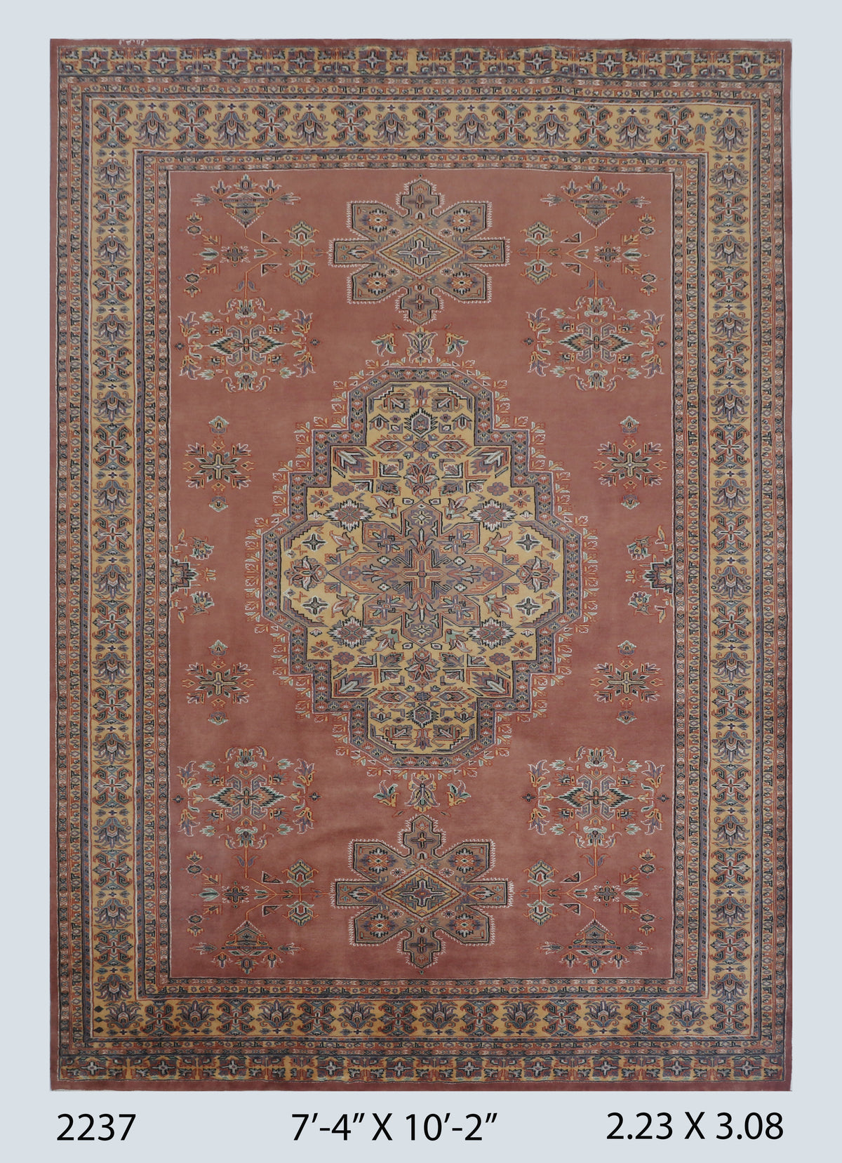 Full view of orange Kafkazi handwoven wool rug, 7 x 10 ft