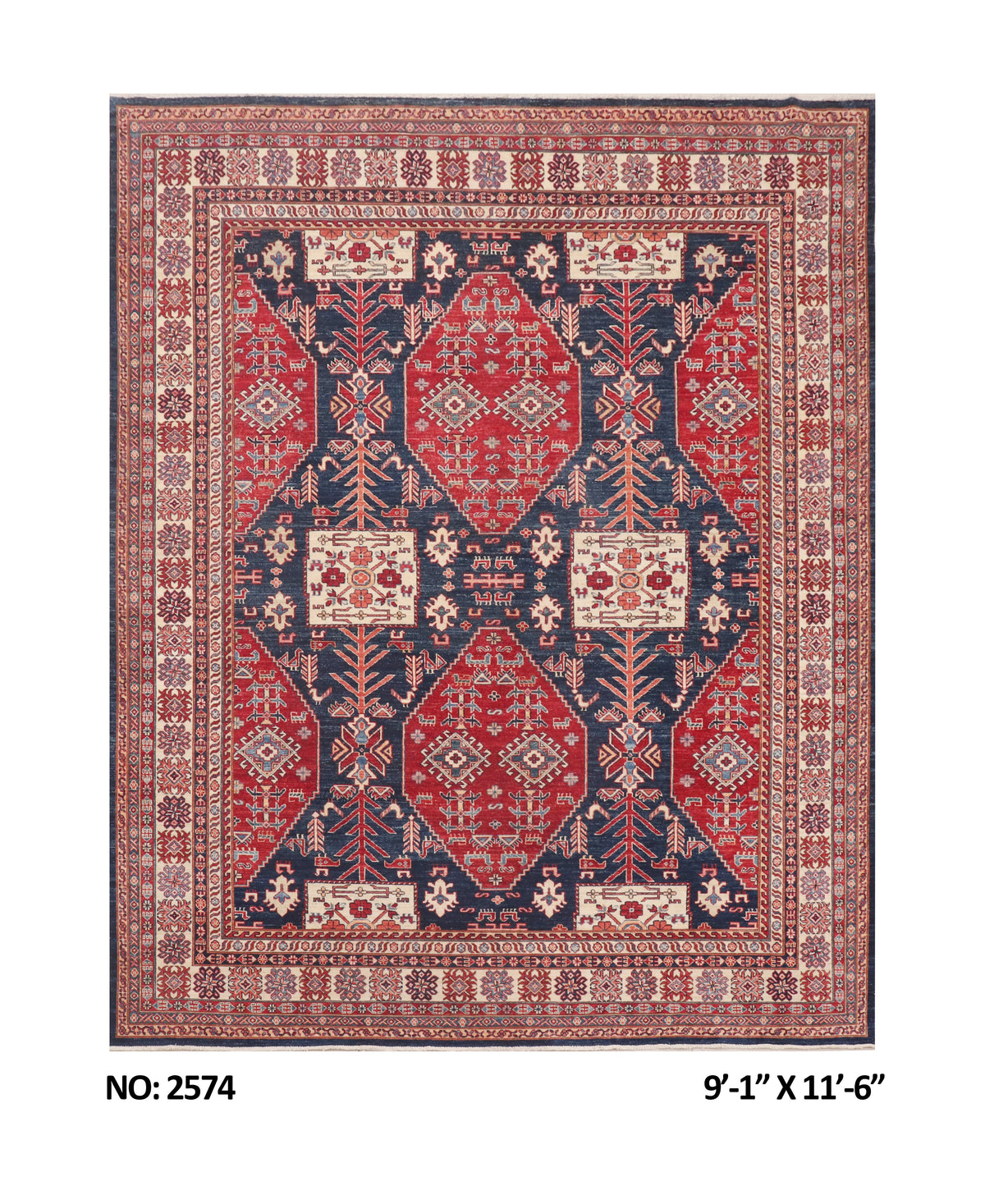 Detail view 9 of blue Super Kazak handwoven wool rug, 9 x 12 ft