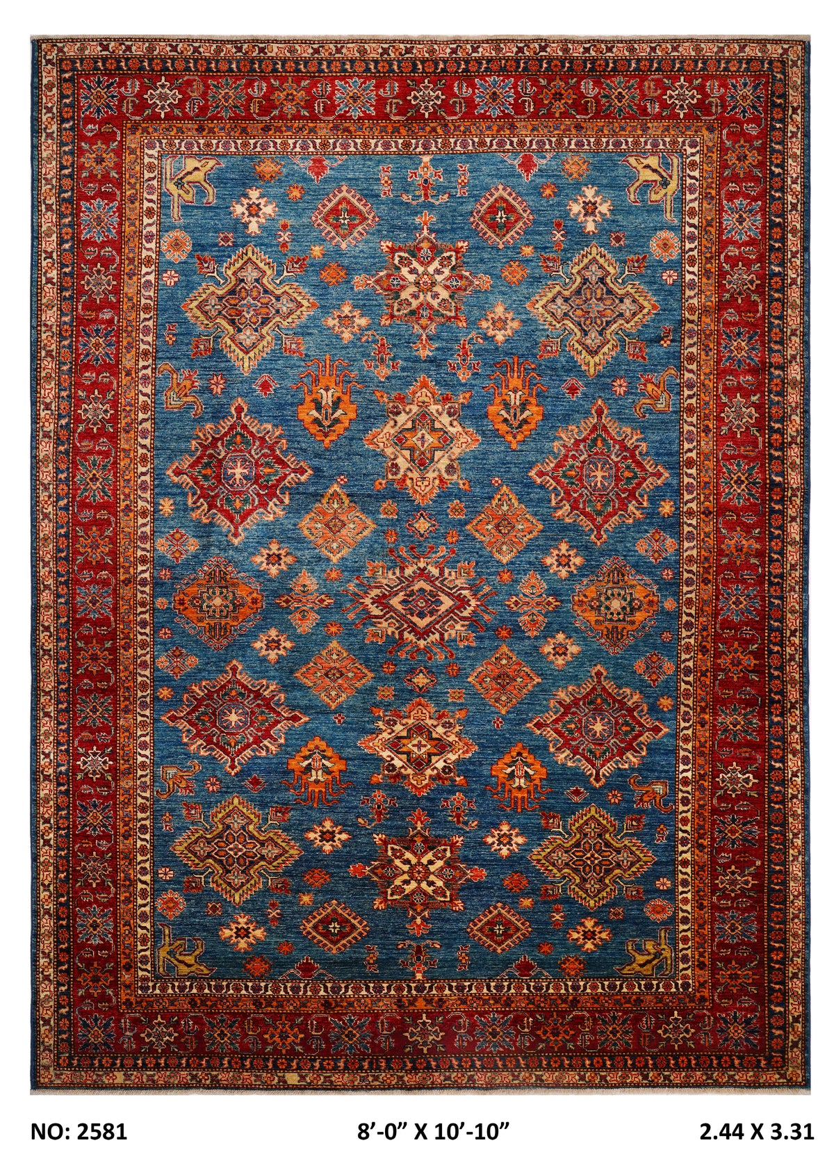 Detail view 9 of blue Super Kazak handwoven wool rug, 8 x 11 ft