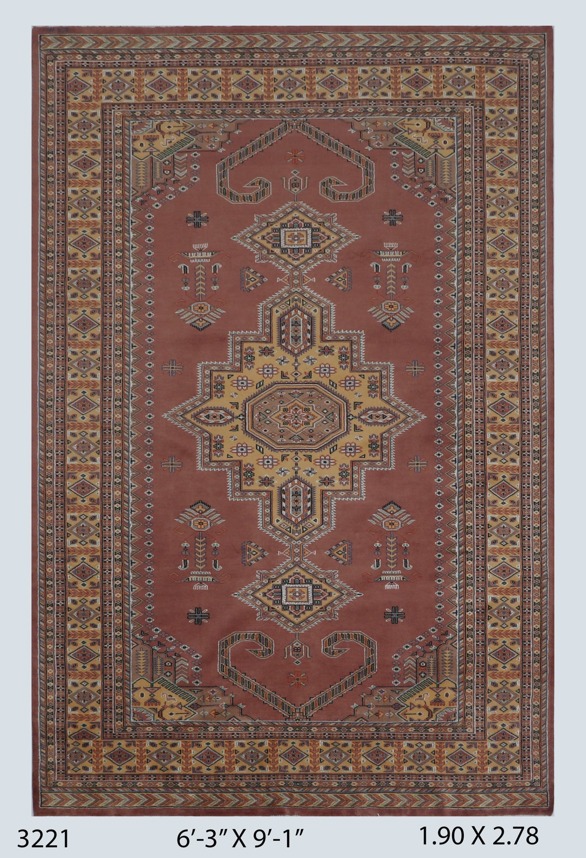 Full view of orange Kafkazi handwoven wool rug, 6 x 9 ft
