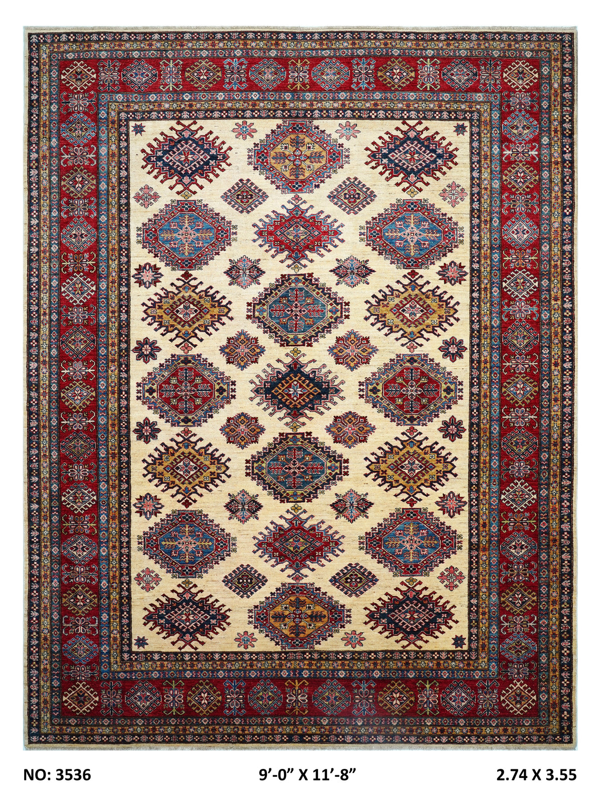 Detail view 9 of beige Super Kazak handwoven wool rug, 9 x 12 ft