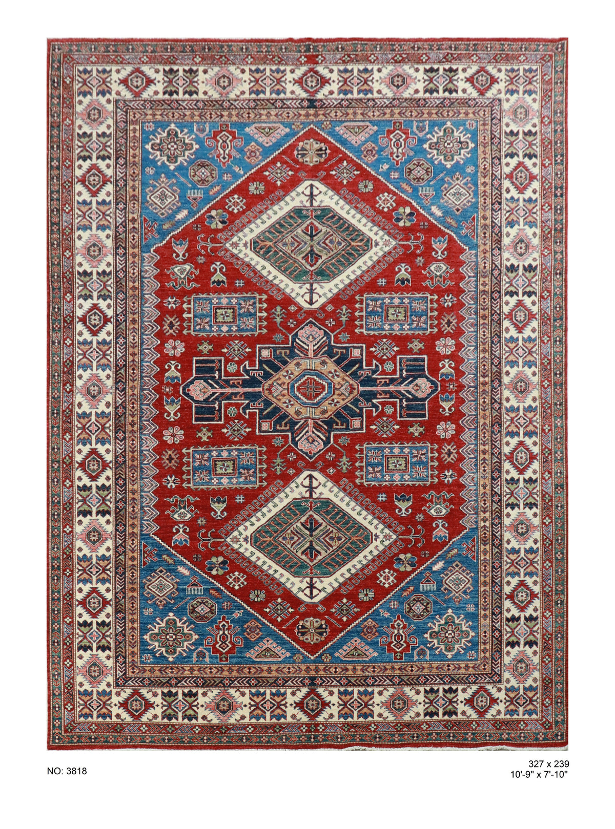 Detail view 9 of red Super Kazak handwoven wool rug, 8 x 11 ft