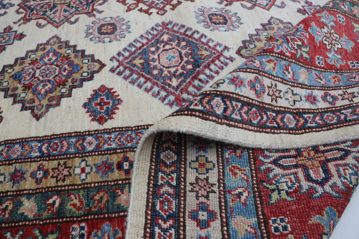 Detail view 9 of beige Super Kazak handwoven wool rug, 8 x 10 ft