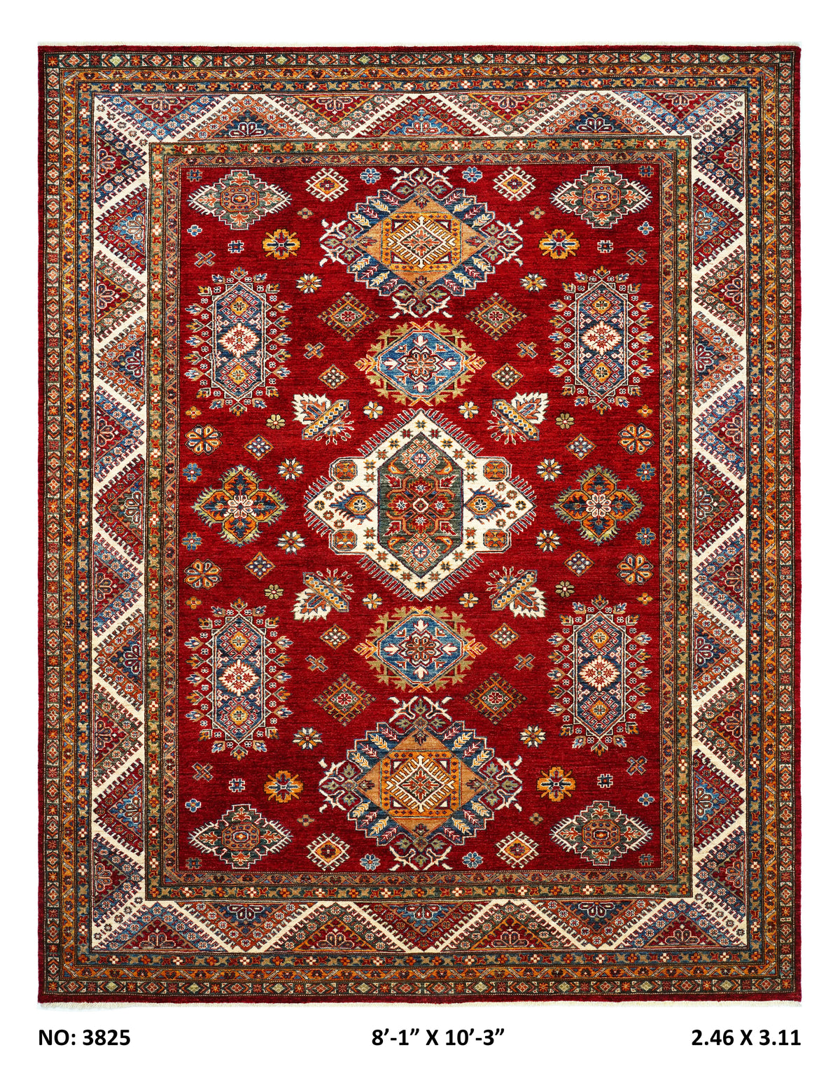 Detail view 9 of red Super Kazak handwoven wool rug, 8 x 10 ft