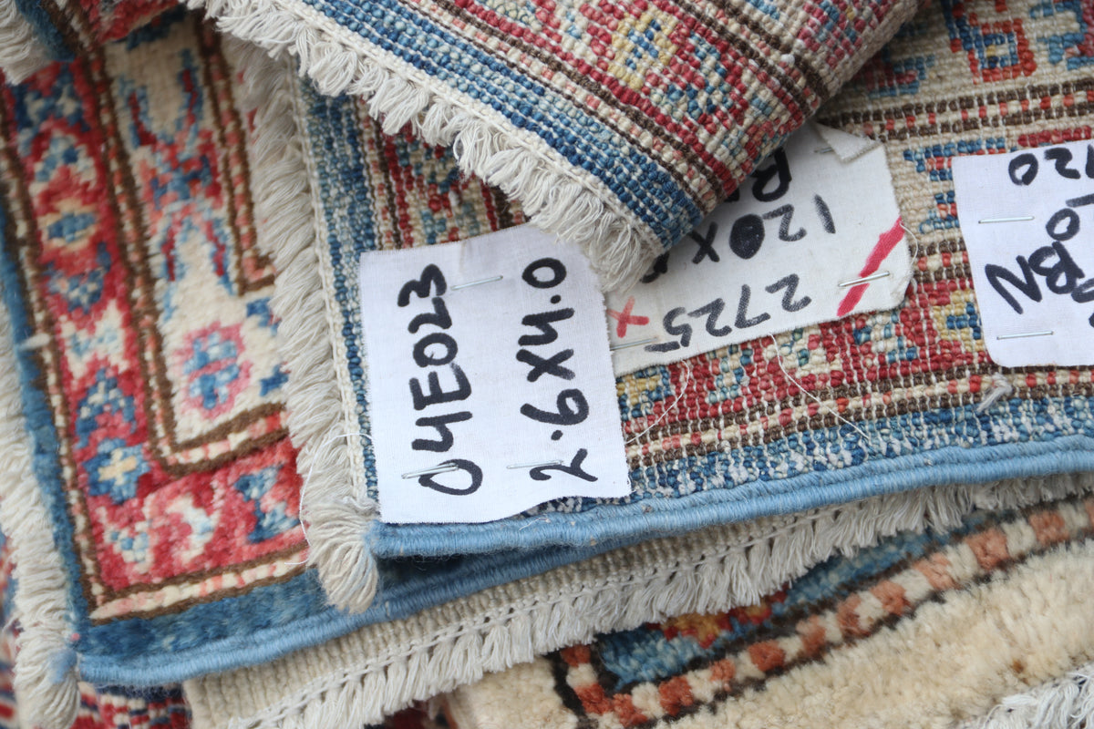 Detail view 14 of blue Super Kazak handwoven wool rug, 2.5 x 4 ft
