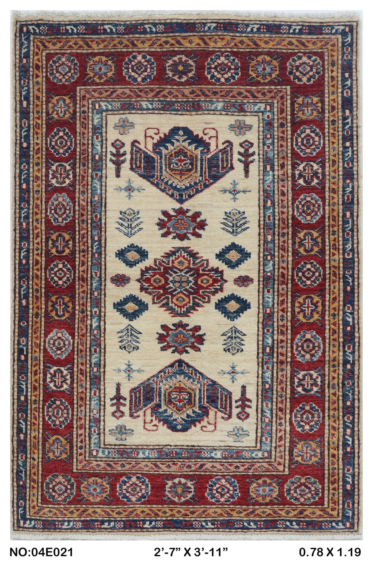 Full view of beige Super Kazak handwoven wool rug, 2.5 x 4 ft