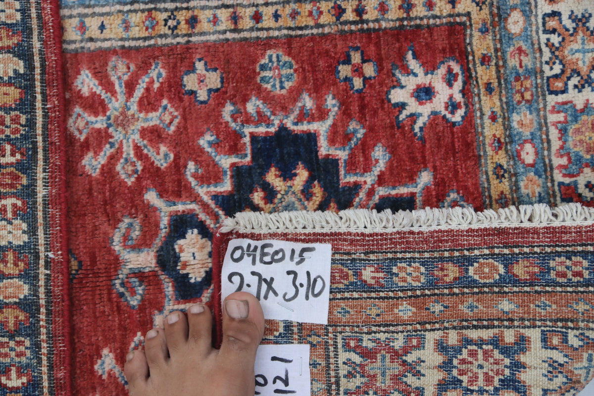Detail view 12 of red Super Kazak handwoven wool rug, 2.5 x 4 ft